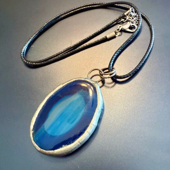 Vibrant Unique Artisan Blue Fused Glass Pendant - Picture 1 of 7